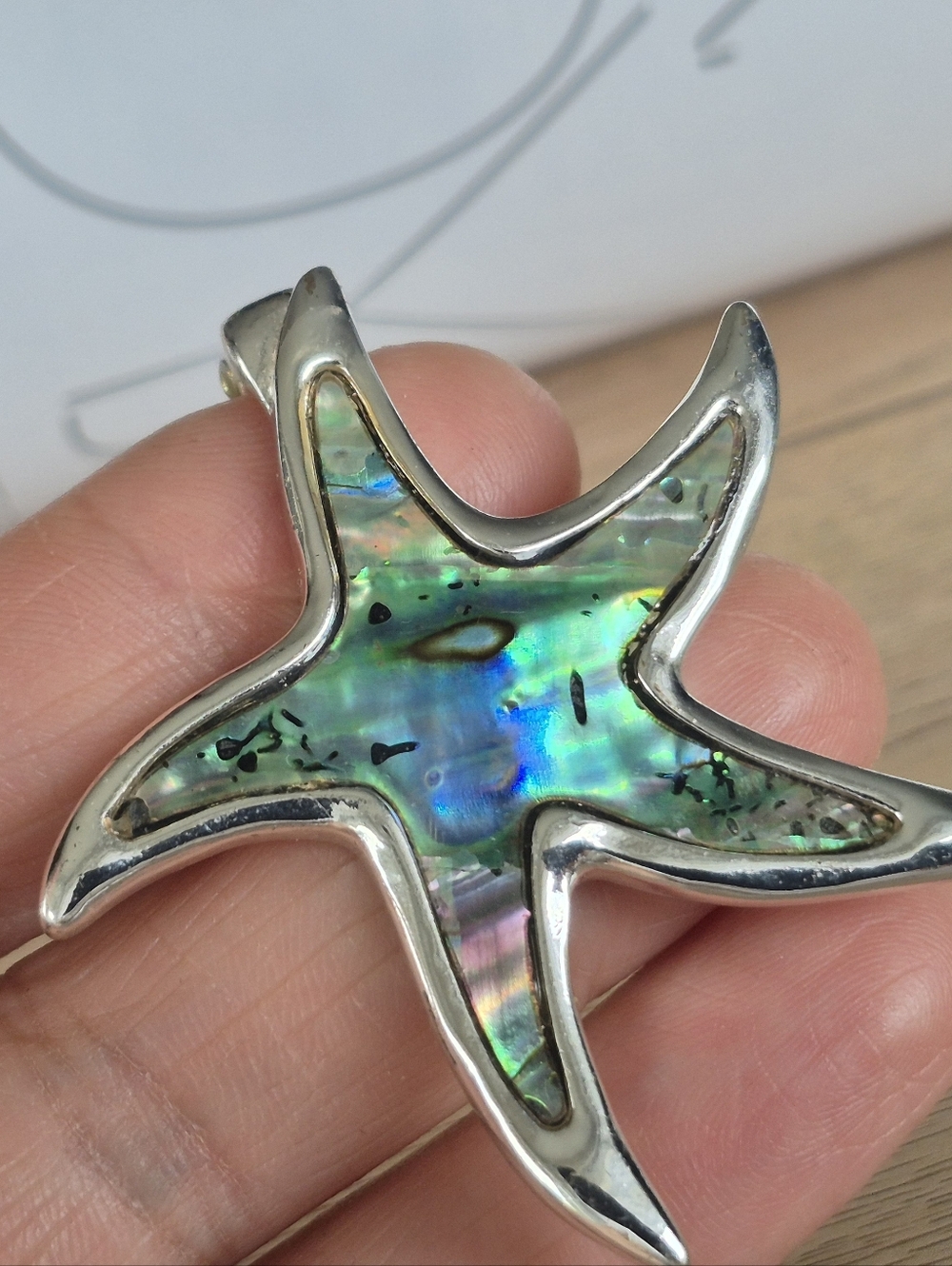 Silver Starfish Abalone Inlay  Accent - Blue-Green Pendant - Picture 3 of 5